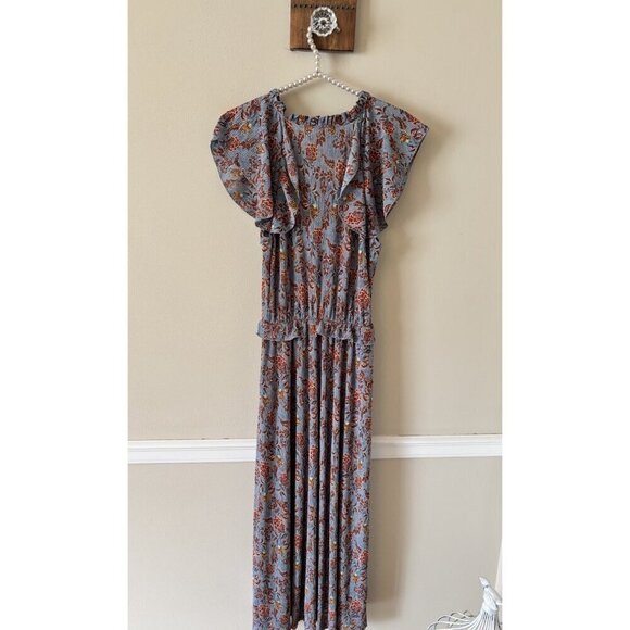MNG Womens Size 6 Blue Floral Maxi Dress Stretch Flutter Sleeve Ruffle Trim - Picture 3 of 5